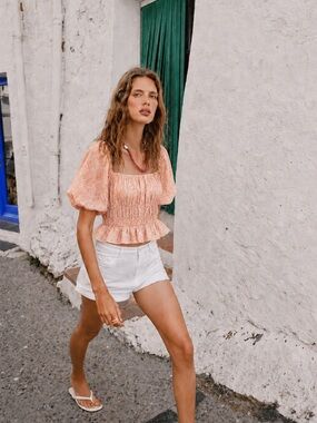 Wayf Peach Smocked Peplum Puff Sleeve Blouse